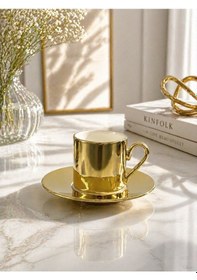Resim 2 Li Porselen Kaplama Yaldızlı Kahve Fincan Takımı Seti 90ml Altın 