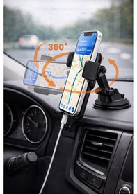 Resim Araç İçi Telefon Tutucu Güçlü Vakumlu Ön Cam & Torpido Uyumlu Ayarlanabilir Navigasyon Tutacağı Siyah 