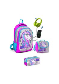 Resim Coral High Kız Çocuk Pembe Unicorn 3'lü Çanta Takımı - USB Soketl 