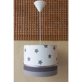 Resim Onay Avize Beyaz Yıldızlı Gri 2.li Set M-651 Kumaş Kaplama Genç ve Çocuk Odası Avize ve Abajur Takımı 