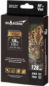 Resim Exascend Catalyst 128 GB SDXC UHS-II V60 hafıza kartı 4K UHD 100 MB/s'ye kadar yazma hızı, UHS-II, sınıf 10, U3, V60 kamera hafıza kartı 