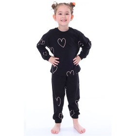 Resim Minik Kalpler Desenli %100 Pamuk Kız Çocuk Pijama Takımı Siyah 