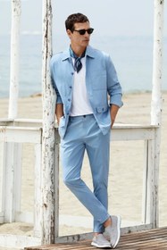 Resim Havacı Mavi Tapered Fit Beli Lastikli Çizgili Likralı Yan Cepli Kanvas / Chino Pantolon - Tapered Fit / Havacı Mavi / 33 