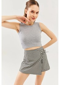 Resim Butikgiz Kadın Sıfır Kol Bisiklet Yaka Vücuda Oturan %100 Pamuklu Kaşkorse Esnek Crop Bluz Gri 
