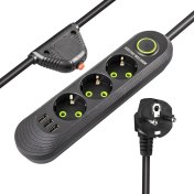 Resim Akım Korumalı Priz, 3’lü Priz,1.5 Metre Kablolu, 3 Usb’li 3000W, 16 Amper, Kablo Üstünde Koruma Sigortalı, Çocuk Korumalı, Topraklı (Sıyah-3) 