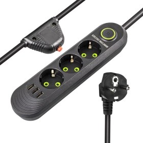 Resim Akım Korumalı Priz, 3’lü Priz,1.5 Metre Kablolu, 3 Usb’li 3000W, 16 Amper, Kablo Üstünde Koruma Sigortalı, Çocuk Korumalı, Topraklı (Sıyah-3) 