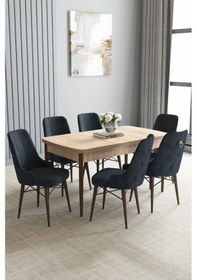 Resim Zümra Serisi, Meşe Desen 80x132 Açılabilir Mdf Mutfak Masası Takımı 6 Adet Sandalye, Antrasit 