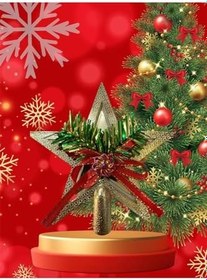 Resim Yılbaşı Çam Ağacı Yıldız Tepelik Fiyonklu Gold 1 Adet 15 Cm Plastik 
