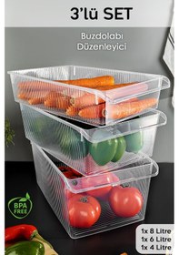 Resim 3'lü Buzdolabı Düzenleyici Set - Dolap İçi Organizer Sepet Meyve Sebze Saklama Kabı 1x 4-6-8 Lt Şeffaf 