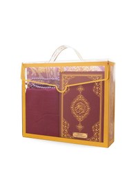 Resim Şal + Seccade + Tesbih + Kuran Hediye Seti Çanta Boy, Asetat Çanta, Mor 