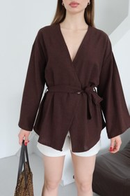 Resim Laluvia Kahverengi Düğme Detaylı Kemerli Kimono - 005 