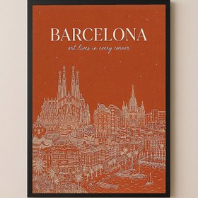 Resim Barcelona Line Art Print - Burnt Orange Sagrada Familia Skyline Wall Art - Wooden Frame - Black / 20 x 28" (50x70 cm) 