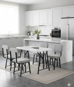 Resim Elfin 70x110cm Sabit Beyaz Yemek Masası, Yemek Masası Takımı, Mutfak Masası, 4 Gri Sandalye Gri 