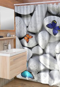 Resim KARO DESIGN Gri Taşlar Ve Kelebekler Desenli Su Geçirmez Banyo Ve Duş Perdesi 