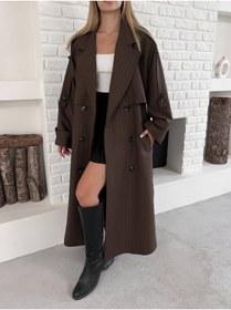 Resim timagna Kadın Premium Trençkot Çizgili Desen Trend Uzun Dış Giyim Trençkot 