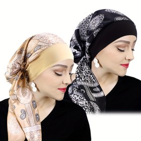 Resim 2 Adet Kadınlar İçin Saten Baskılı Başörtüsü Kapları - Esnek Geniş Kenarlı Uyku Boneleri, Zarif Paisley & Çiçek Desenli Yumuşak Polyester Saç Sarar, Bej/Siyah & Siyah/Beyaz Renklerde, Gece veya Şık Kıyafetler İçin Mükemmel, Başaltı Hijab 