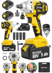 Resim Steiner 88V 5Ah Çift Akülü Kömürsüz Çantalı Matkap Bijon Somun Sıkma Makinesi Sarı + Mandren 