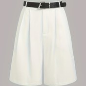 Resim Kadınlar için Şık Retro Minimalist Şortlar - Yapılı Beyaz Piliseli Tasarım ve Cepli, Makinede Yıkanabilir, Kemer Dahil Değil, İlkbahar Yaz Sonbahar Günlük Giyim, Mevsimsel Moda | Saydam Olmayan Kumaş 
