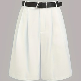 Resim Kadınlar için Şık Retro Minimalist Şortlar - Yapılı Beyaz Piliseli Tasarım ve Cepli, Makinede Yıkanabilir, Kemer Dahil Değil, İlkbahar Yaz Sonbahar Günlük Giyim, Mevsimsel Moda | Saydam Olmayan Kumaş 