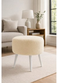 Resim Waterybrook Yuvarlak Puf Welsoft Kumaş Beyaz Ahşap Ayaklı - Makyaj - Yatak Ucu - Dekoratif Oturma Pufu Ekru 