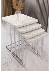 Resim 4 Parça Tekerlekli C Zigon Sehpa Nikelaj- Beyaz Mermer 