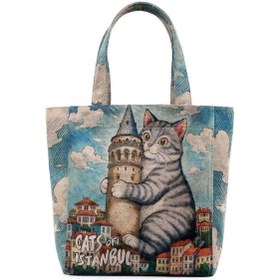 Resim Kadın Vegan Mavi Large Tote Bag - Galata Cat Tasarım A.Haki 
