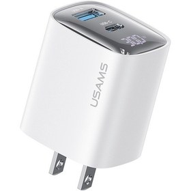 Resim Usams Cc230 30w Usb+usb-c / Type-c Çift Bağlantı Noktalı Gan Dijital Ekran Şarj Cihazı, Özellikler: Abd Tak Beyaz 