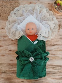 Resim Dantelli Taçlı Bebek Kundağı Unisex Bebek Dış Kundak Battaniyesi Hastane Çıkışı Mevlütlük Kundak Yeşil 