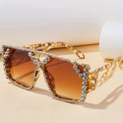 Resim Kadınlar için Geometrik Büyük Çerçeve ile Rhinestone Detaylar - Kahverengi Renkli Lensler, Beyaz ve Altın Desen, Partiler ve Özel Günler için Mükemmel, Parti Aksesuarları | Geometrik Moda Gözlükleri | Rhinestone Süslemeleri, Moda Gözlükleri 