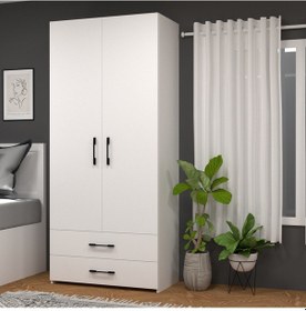 Resim Retro-10 Askılı 1 Raflı 2 Çekmeceli 2 Kapaklı Gardırop Beyaz Beyaz 