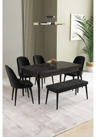Resim Ikon Siyah Mermer Desen 80x132 Mdf Açılabilir Yemek Masası Takımı 4 Sandalye, 1 Bench Siyah 