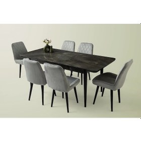 Resim Mermer Desen Ahşap Salon Yemek Masa Gri Fulya Sandalye Takımı 6 Sandalyeli Gri 