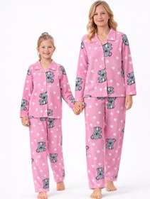 Resim Free Beka Pembe Koala Desenli Uzun Kollu Önden Düğmeli Gömlek Yaka Anne Kız Pijama Takımı Kombin 
