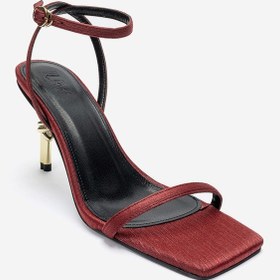 Resim Luvishoes Sone Bordo Saten Gold Topuklu İnce Bantlı Kadın Topuklu Ayakkabı 