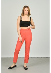 Resim Fa Pantolon Kadın Paçaları Düğmeli Dar Kalıp Pantolon 6001 Mercan 