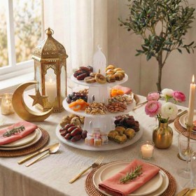 Resim Ramazan İkramlık Servis Standı - Yuvarlak 3 Katlı Akrilik Sunumluk - 45x45 cm / Buzlu 