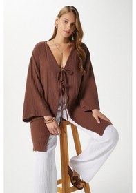 Resim Ritnice Kadın Sandra %100 Pamuk Müslin Bağcıklı Kahvrengi Kimono 