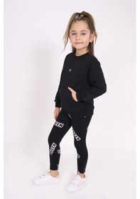 Resim Toontoy Kız Çocuk 2'li Takım Baskılı Bisiklet Yaka Düşük Omuz Cepli Sweatshirt & Basic Düz Tayt Siyah 
