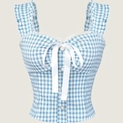 Resim Kadınlar için Şık Ekose Korse Üstü, Fiyonklu Kravat, Polyester %100 Dokuma Büzgülü Sevgili Yaka, İlkbahar/Yaz/Sonbahar Modası, Yetişkin Dar Kesim Gömlek 