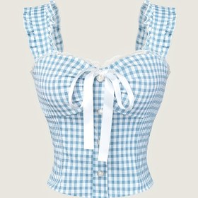 Resim Kadınlar için Şık Ekose Korse Üstü, Fiyonklu Kravat, Polyester %100 Dokuma Büzgülü Sevgili Yaka, İlkbahar/Yaz/Sonbahar Modası, Yetişkin Dar Kesim Gömlek 