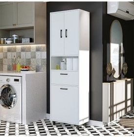 Resim Çamaşır Sepetli Banyo Dolabı, Çok Amaçlı Çekmeceli Dolap 60 X 200 Mat Beyaz 