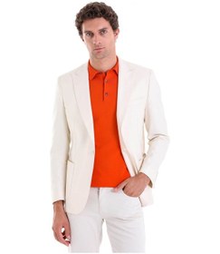 Resim Hatemoğlu Ekru Comfort Fit Düz Mono Yaka Casual Keten Ceket Ekru 