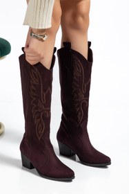 Resim MS SUGAR SHOES Kadın Acıkahve Vegan Süet Nakışlı Western Kovboy Cowgirl Bot Çizme 
