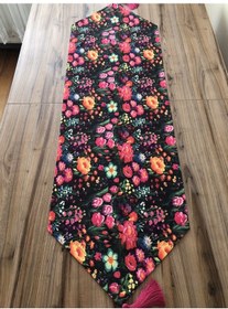 Resim Keten Efektli Çiçek Bahçesi Desenli Runner Çok Renkli 