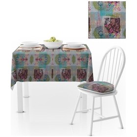 Resim Patchwork Desenli Motifli Turkuaz Pembe Dijital Baskılı Petek Dokuma Masa Örtüsü 140x140 