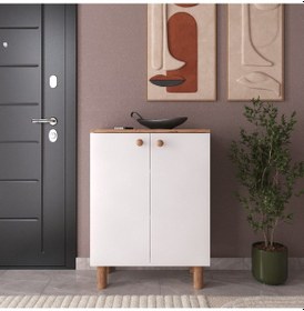 Resim Buse Atlantik Çam / Beyaz 2 Kapaklı 3 Raflı Ayakkabılık 