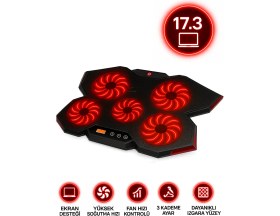 Resim Frisby Gp5 E-Sport Desing 5 Fanlı Ledli LCD Kontrol Panelli Pro Standlı 15-17" Uyumlu Notebook Soğutucu 