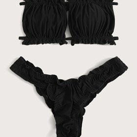Resim FUBA.VI Yüksek Esneklikli Düz Renk Marul Kenarlı İki Parça Örgü Kumaş Bikini, Polyester ve Spandex Karışımı, 195 g/m² ve 120 g/m² 