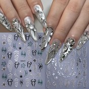 Resim 2 Adet Y2K Metal Spiral Alev Kalp Tırnak Sticker - Y2K Gümüş Renkli Spiral, Alev, Beşgen, Geometrik Grafik Tasarım, Kadınlar İçin Tek Kullanımlık Yapışkanlı Tırnak Süsleme Çıkartması 