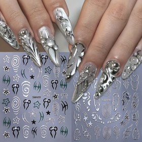 Resim 2 Adet Y2K Metal Spiral Alev Kalp Tırnak Sticker - Y2K Gümüş Renkli Spiral, Alev, Beşgen, Geometrik Grafik Tasarım, Kadınlar İçin Tek Kullanımlık Yapışkanlı Tırnak Süsleme Çıkartması 